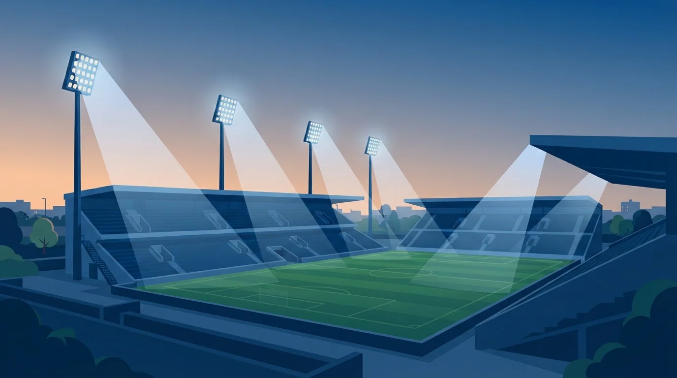 Stadion mit hellen Flutlichtern während einer abendlichen Sportveranstaltung
