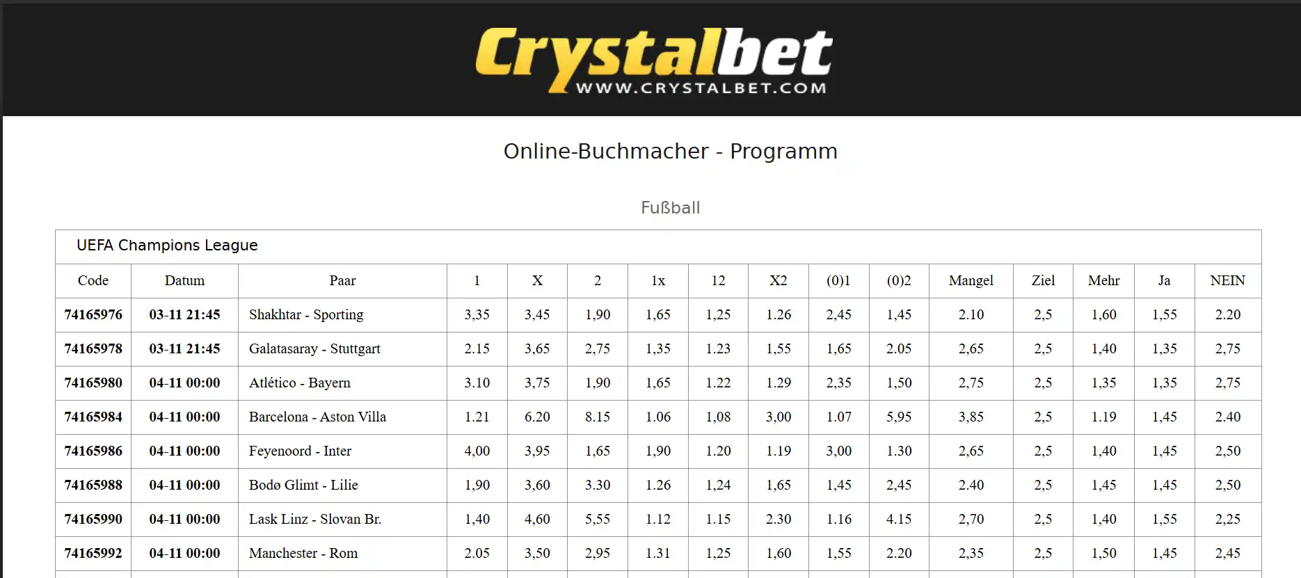 Fußballbereich des Sportprogramms von Crystalbet mit Quoten und Spielansetzungen