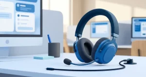 Kopfhörer mit Mikrofon neben Notizblock und Computer am Schreibtisch