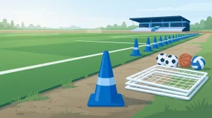 Trainingskegel, Netze und verschiedene Sportbälle am Rand eines Spielfelds