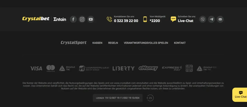 Zahlungsbereich von Crystalbet mit Auswahl von Einzahlungs- und Auszahlungskanälen
